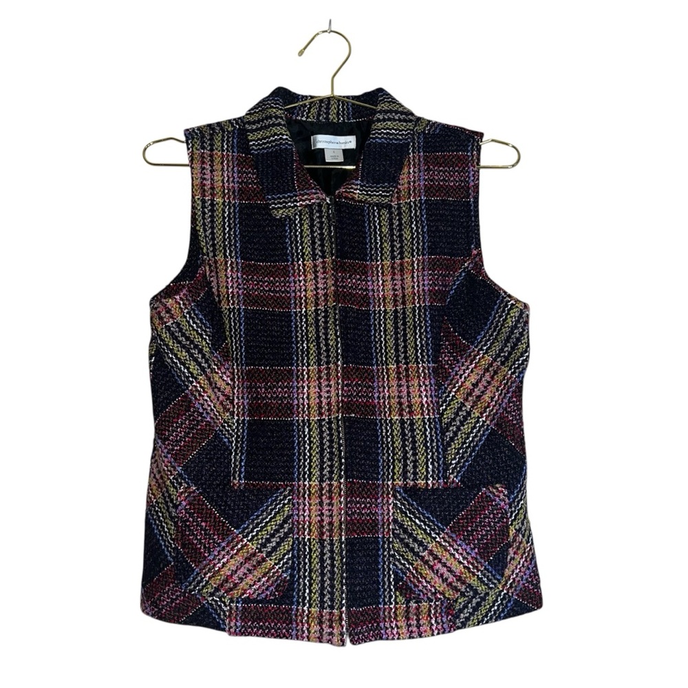 Christopher & Banks Navy Multicolor Plaid Tweed Sleeveless Vest Sz S